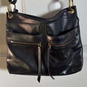 Fossil Black Leather Shoulder Bag with Gold Accents